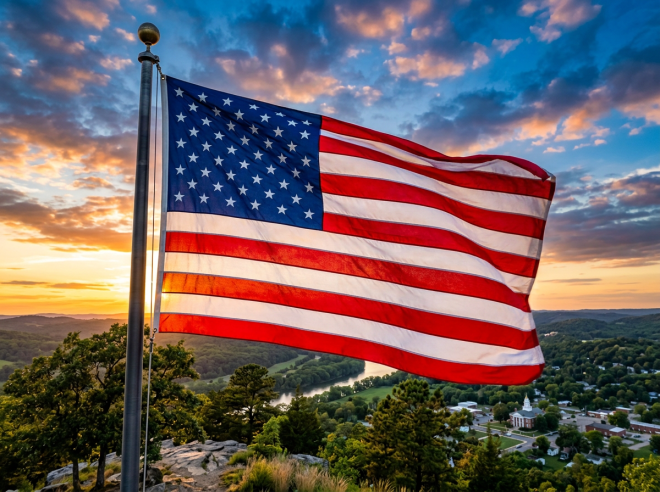 American flag waving with sunset and green hills in background